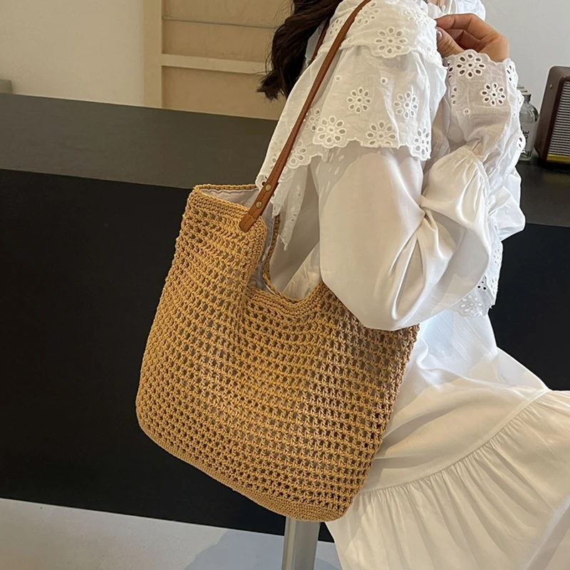 

Tiptoegirls Large Totes String Weaving Bag Fashion Style Beach Handbag Lightweight Travel Plaited Beige Khaki Women Shoulder Bag