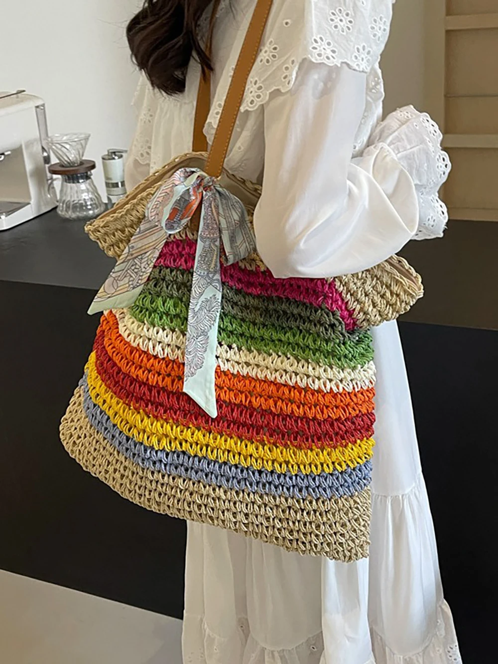 Woven Straw  Beach Bags for Women Summer 2024 New Large Capacity Holiday Travel Outdoor Bag Striped Single Shoulder Tote Bag