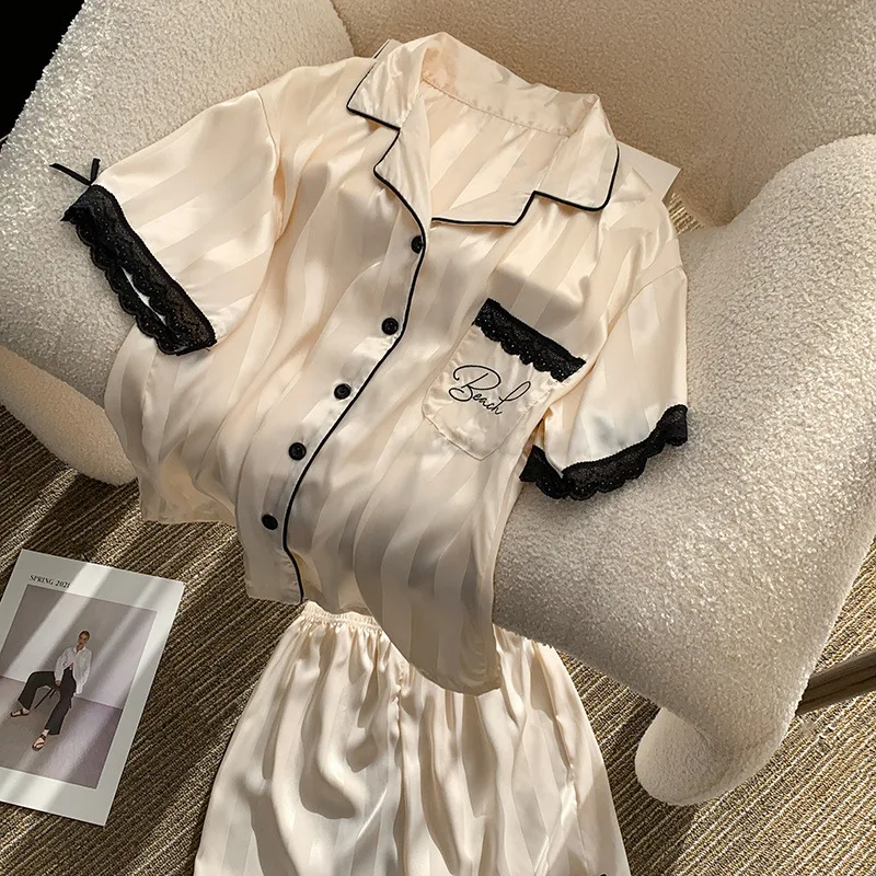 Ice Silk Short-Sleeve Pajama Two-Piece Set, Korean Version, Teenage Girl Ins Style, Summer Thin Striped Minimalist Homewear Set