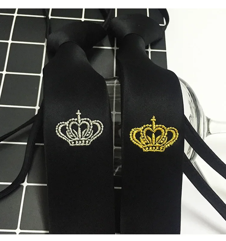 Fashion Men\'s Skinky Tie Gold Silver Crown Embroidery Slim Black 5cm Lazy Zip Party Necktie Casual Wedding Gifts Accessories