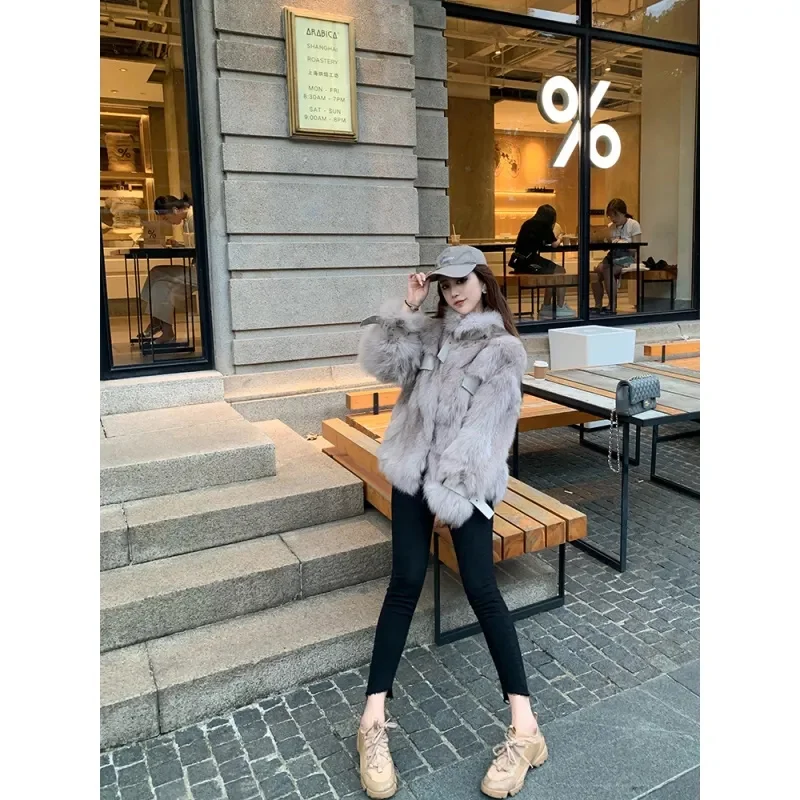 Female Coat 2024 New Imitation fox fur Environmentally Friendly fur Women Coat Short Leather Buckle Warm Loose Thick Furry Coat