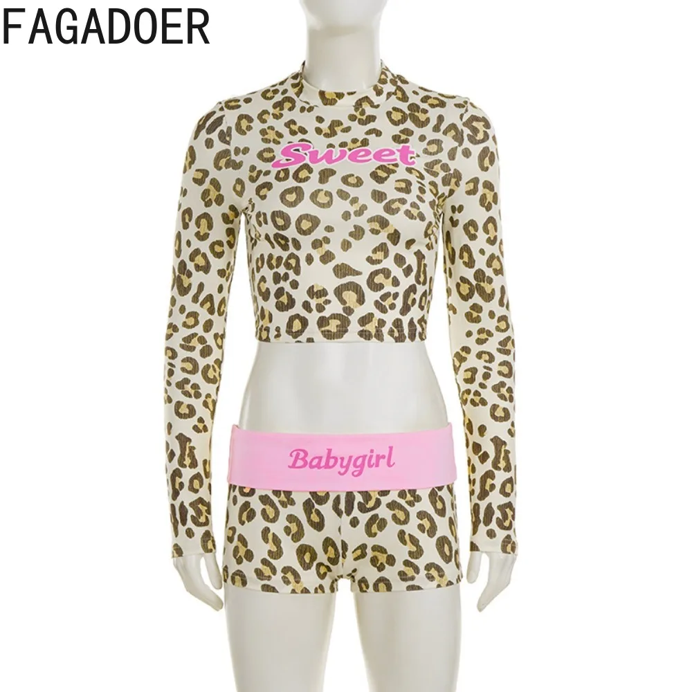 FAGADOER Sexy Letter Print 2 Pieces Set for Woman Outfit Leopard Print Patchwork Crop Tops + Shorts Matching Female Streetwear