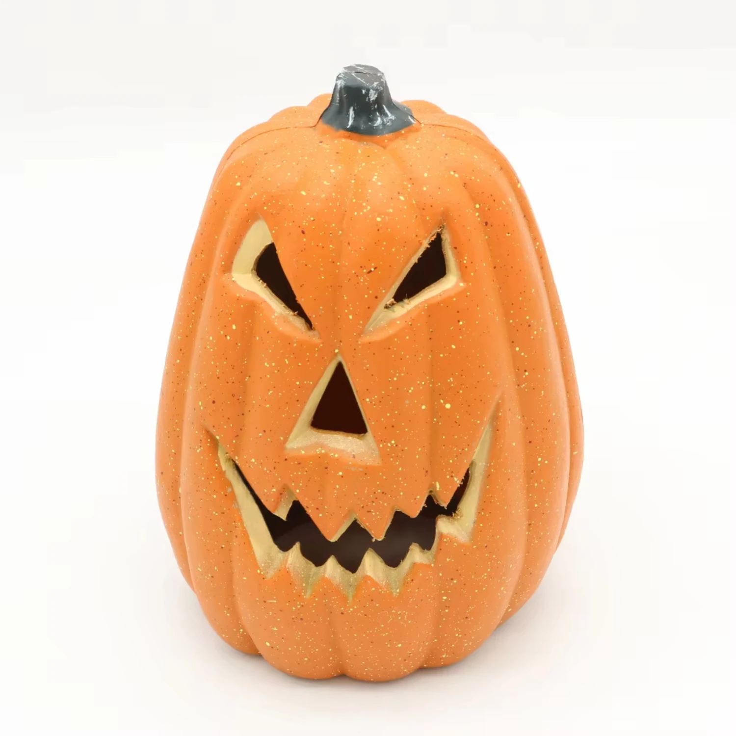 Halloween jack-o-lantern scene decorated with a variety of expressions wacky pumpkin decorations hollowed out large pumpkins Lei