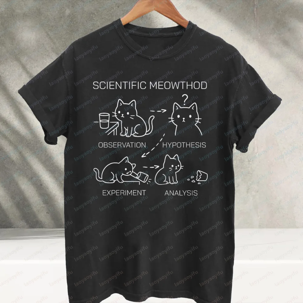 Scientific Meowthod Funny Cat Science Meme Graphic T‑Shirt Humor Laboratory Cat Diagram Print Cotton Casual Loose Streetwear Top