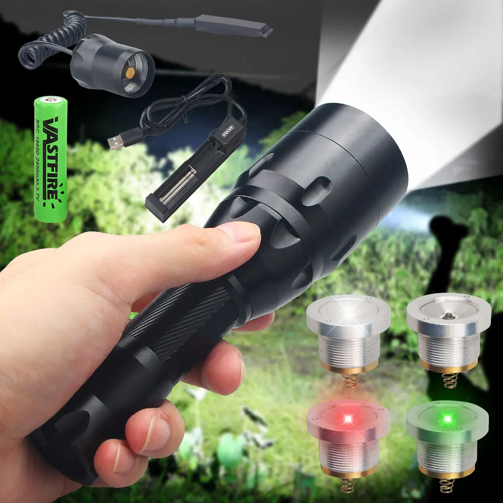 LED Hunting Flashlight Professional Zoomable Tactical 1-Mode Torch White/Red/Green/IR 850nm Interchangeable Lamp Holder Lantern