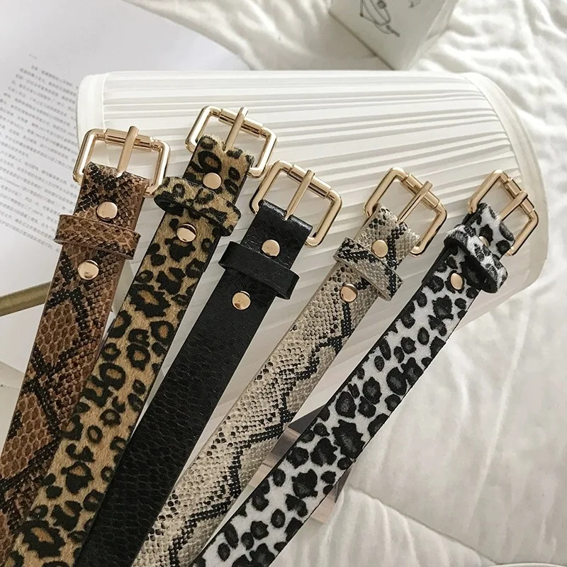 Leopard Square Buckle Snake Pattern Belt Thin Belt Fashionable and Simple Versatile Style Jeans Decoration Instagram Belt for Wo