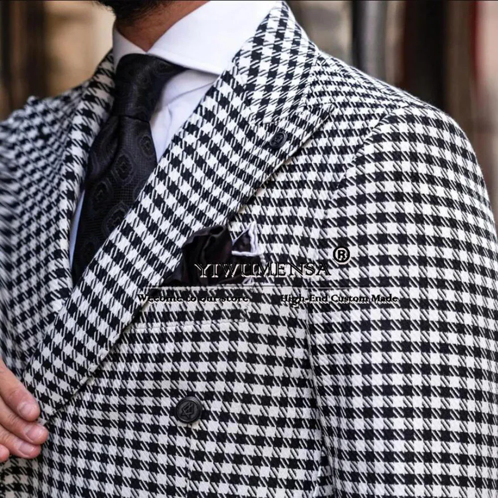 Classic Business Suits Men Double Breasted Jacket Pants 2 Pieces Houndstooth Groom Wedding Tuxedo Man Formal Party Prom Blazers