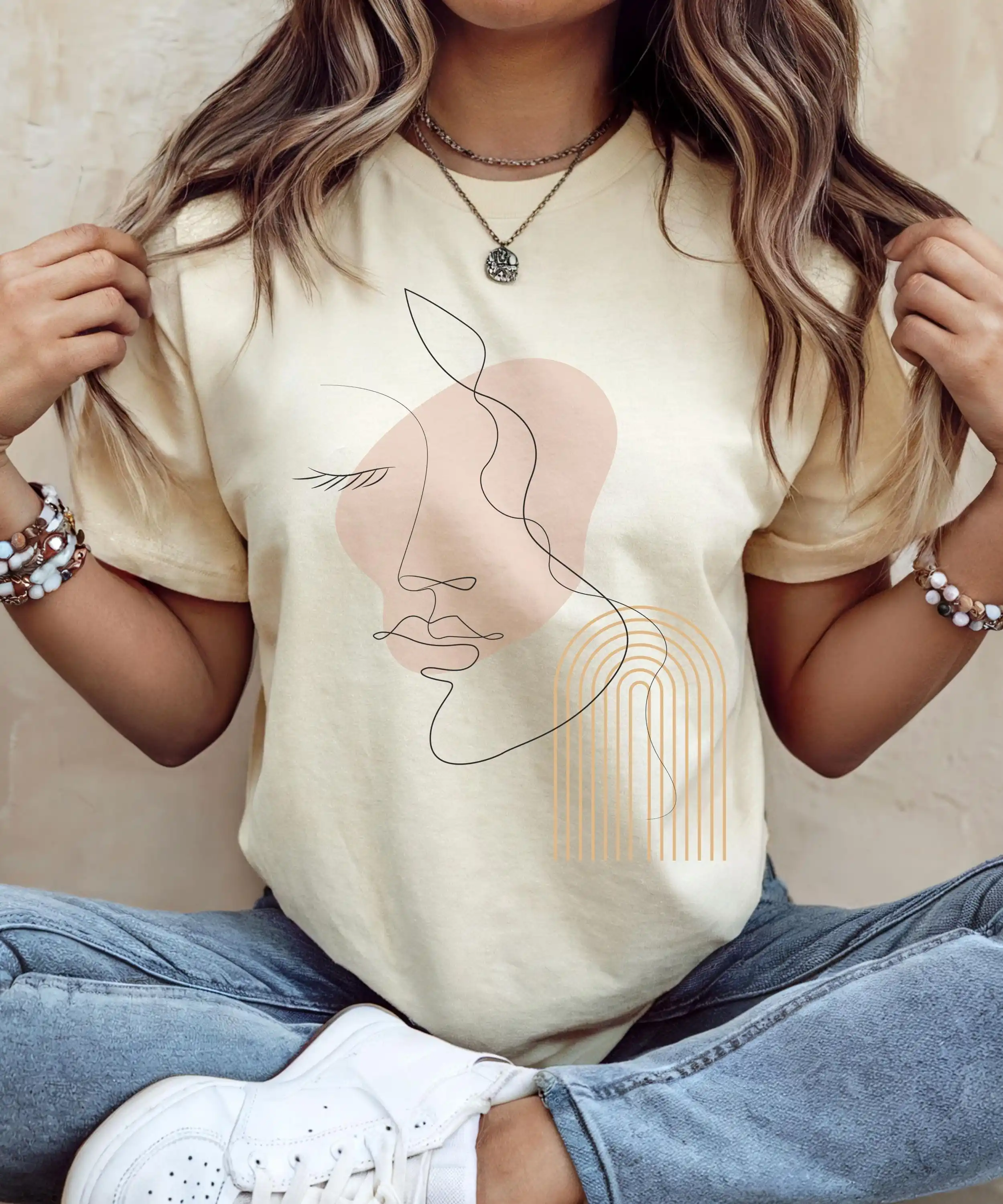 Minimalistisches Line Art T-Shirt – Abstraktes Gesicht Design – Modernes Boho Damen Shirt – Ästhetische Kunst Illustration