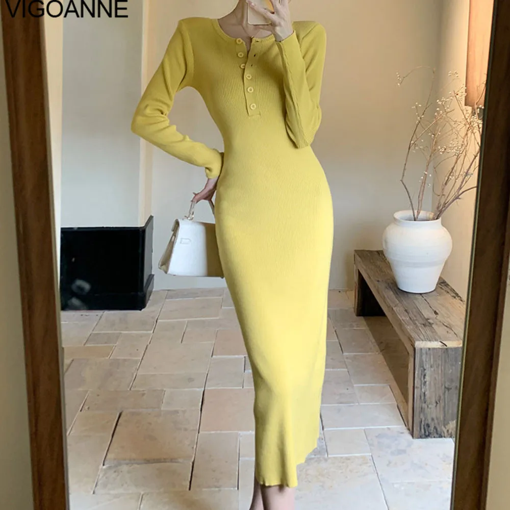 VigoAnne 2025 Female Spring Long Sleeve Knit Long Dress Woman V Neck Solid Knitted Dresses Lady Autumn Tight Party Sweater Dress