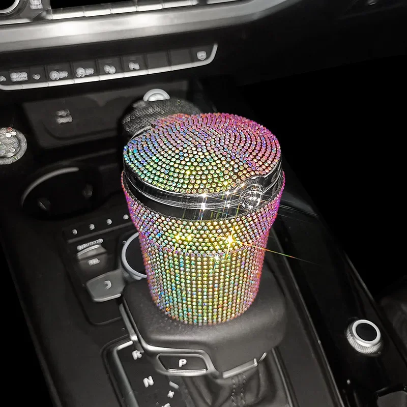 Car Ashtray Auto Portable Bling Crystal Diamond Cigarette Smokeless with LED Light Indicator Car Accessories for Women