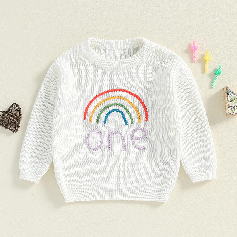 Maglione di compleanno della neonata maglione girocollo a maniche lunghe con ricamo arcobaleno per l'autunno inverno