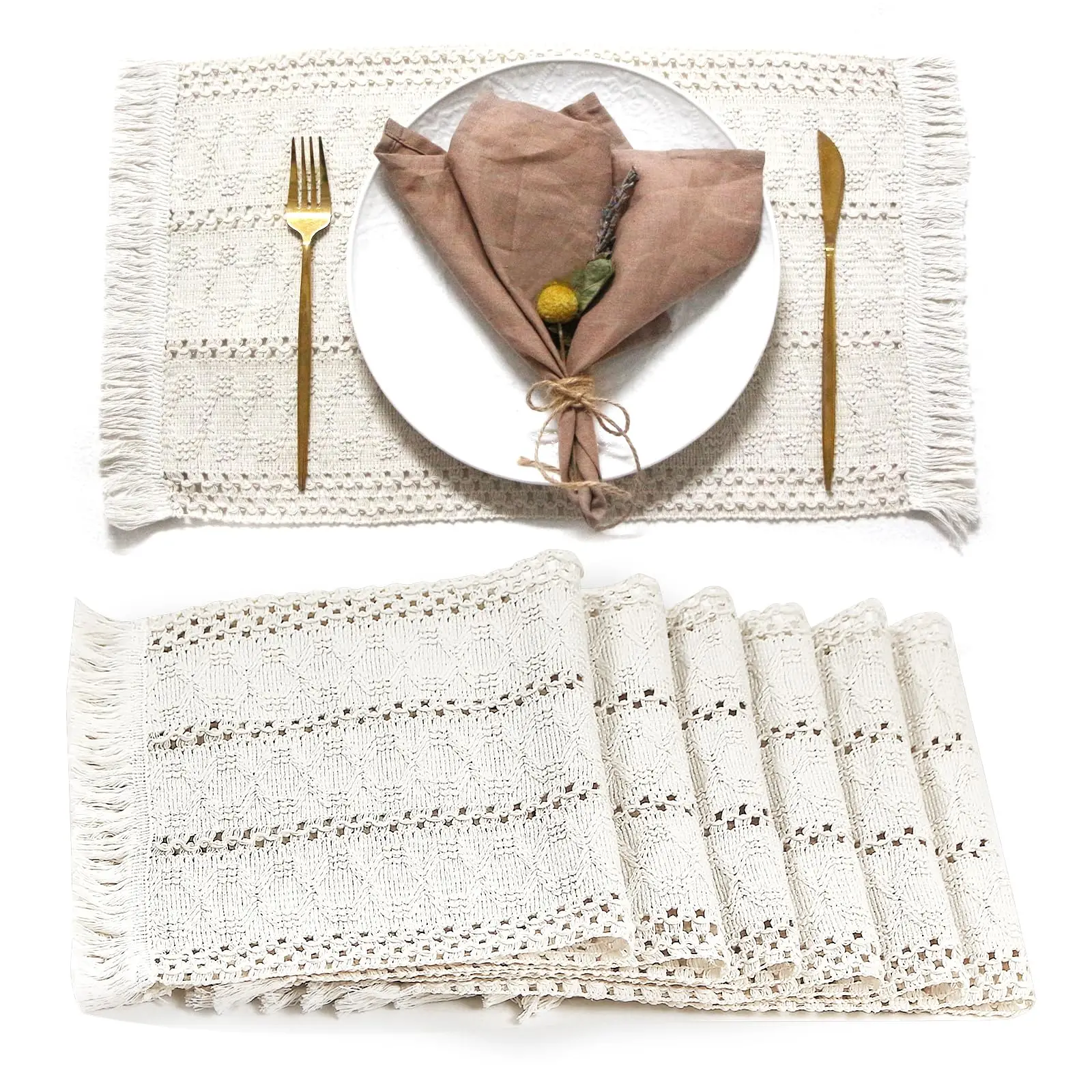 

Boho Placemats Set of 6, Macrame Table Decor, Farmhouse Style Placemats, Natural Cotton Burlap, for Dining Table, Kitchen