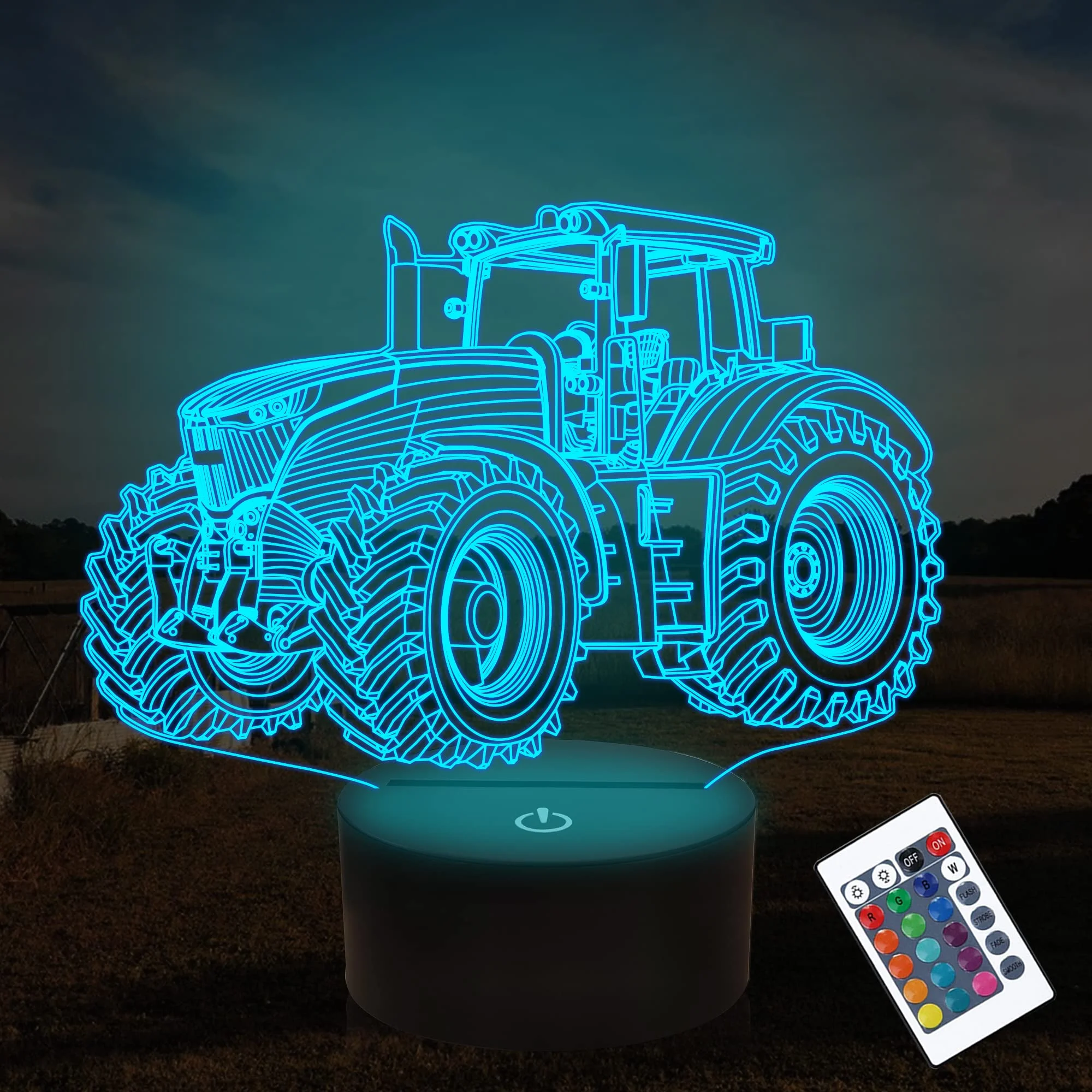 Tractor 3D Illusion Night Lamp, 16 Color Change Dimmable Hologram Light, Table Desk Bedroom Decor Creative Truck Gift for Kids