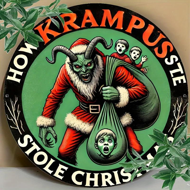 لافتة فنية جدارية من الألومنيوم 2D مسطحة، قطعة واحدة من Krampus، لوحة معدنية مستديرة مقاس 8 × 8 بوصة، مثبتة على الحائط، ديكور متين للمنزل والمكتب، داخلي