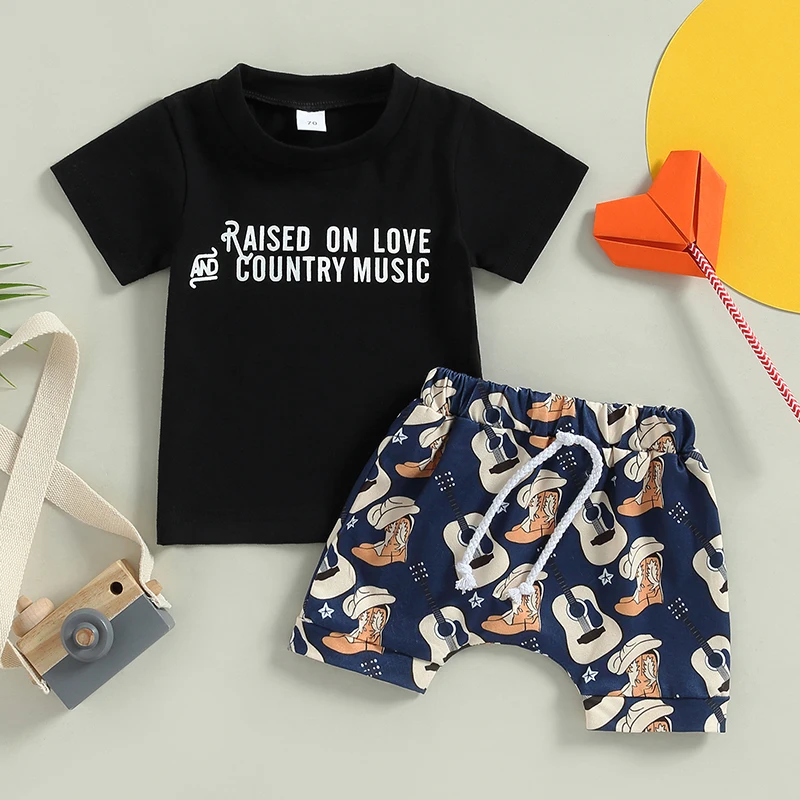 Infant Boys Summer Clothes Outfits Letter Print Crew Neck Short Sleeve T-Shirts and Guitar Boots Print Shorts 2Pcs Suit