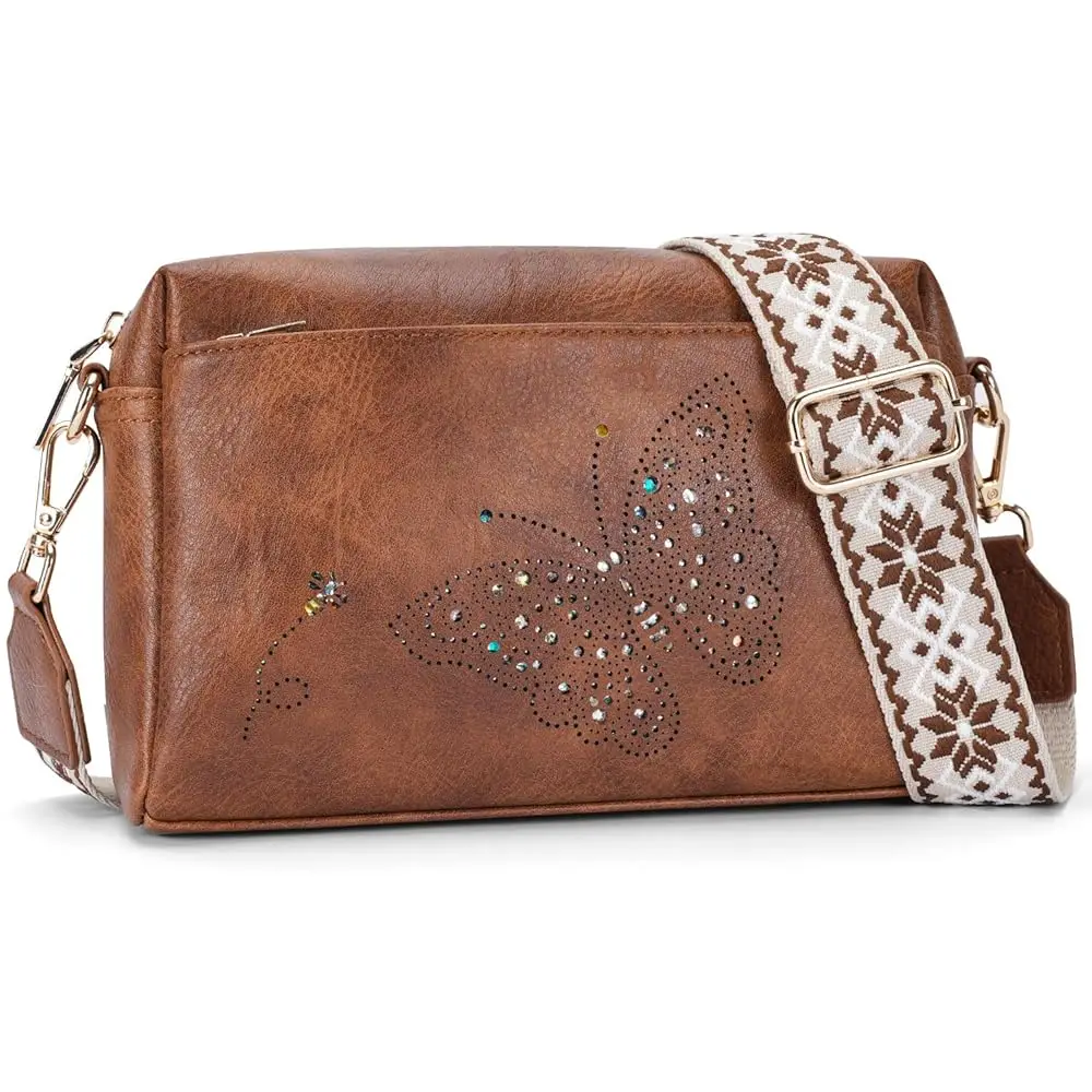 Crossbody Bags for Women, Vegan Leather Small Crossbody Purse Butterfly Shoulder Handbags with Wide Strap