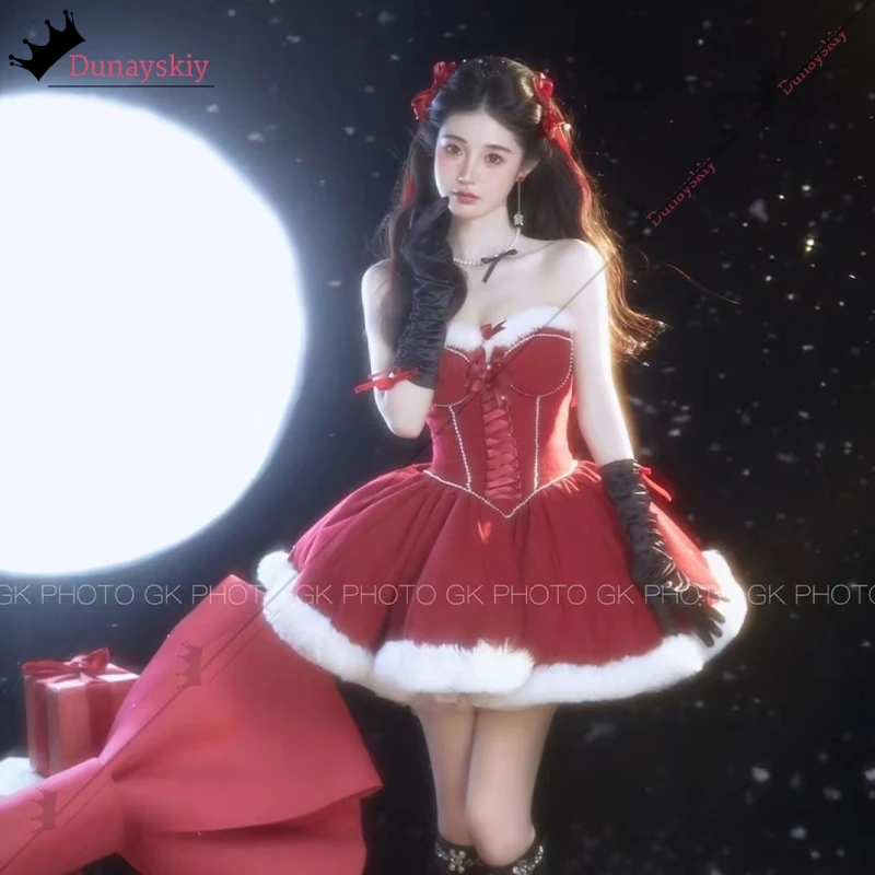 2025 Strapless Dress Cosplay Santa Claus KAWAII Winter Christmas Red Princess Puffy Skirt Xmas Women Holiday Party Dressing