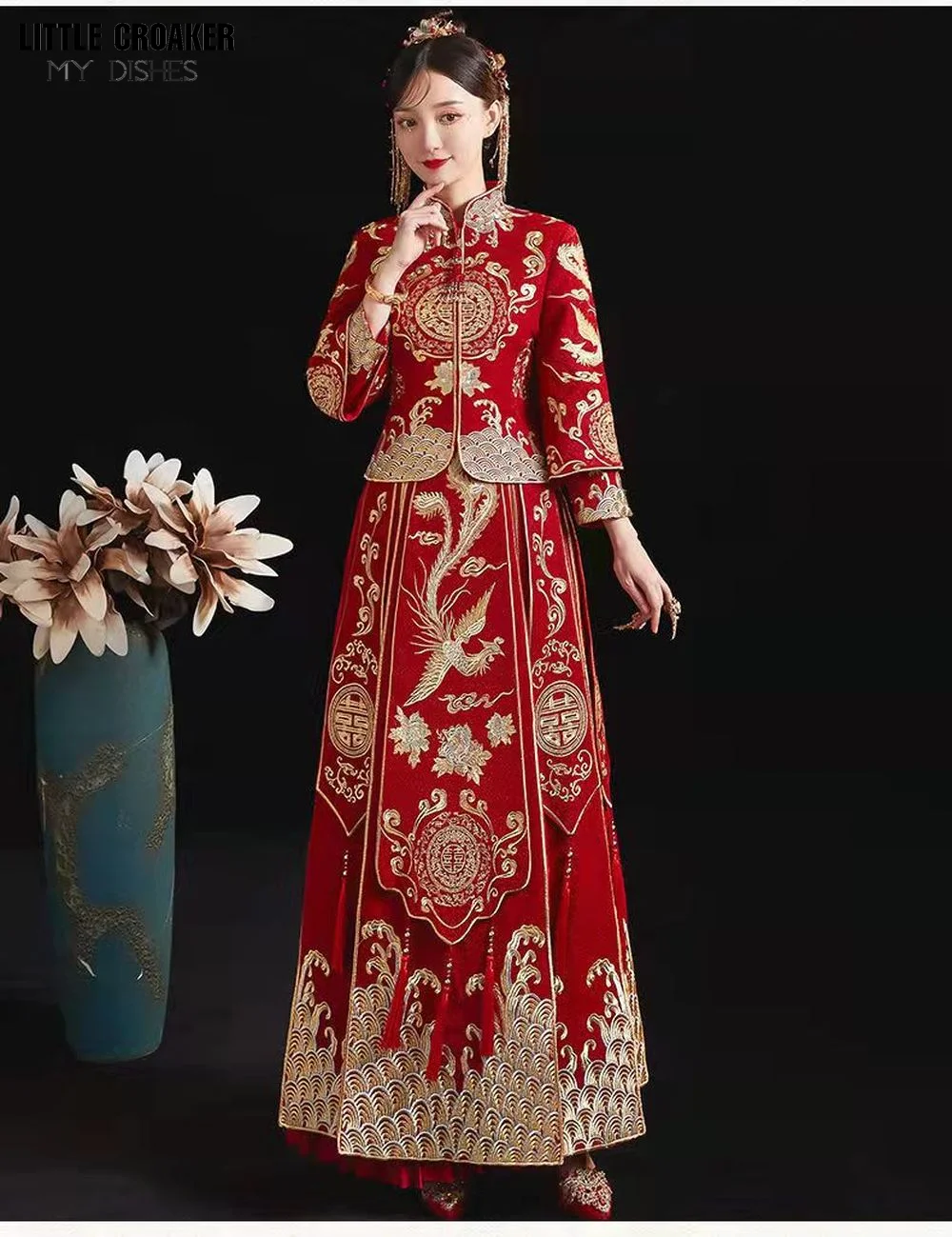 Modern Cheongsam Top + Skirt Suit Red Qipao Long Chinese Traditional Wedding Dress Oriental Style Xiuhefu Dresses