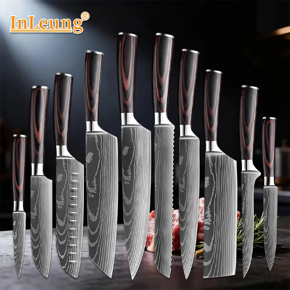 Professional Laser Damascus Chef's Knife Kitchen Knives Set Cleaver Meat Fruit Bread Knife Barbecue Boning Knife Santoku Knife