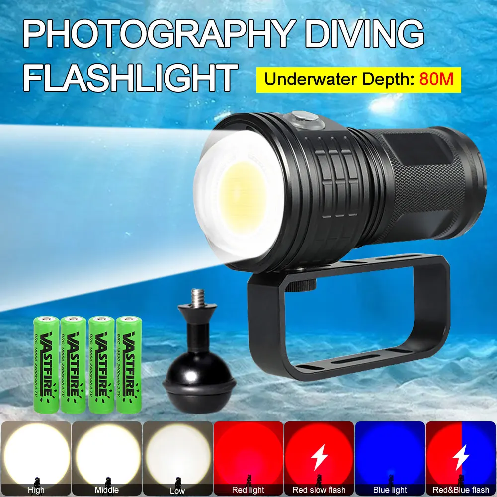 Imagem -02 - Led Scuba Diving Lanterna 10000lumens Branco Vermelho Azul Subaquático 80m Impermeável Fotografia Câmera Vídeo Preenchimento Profissional