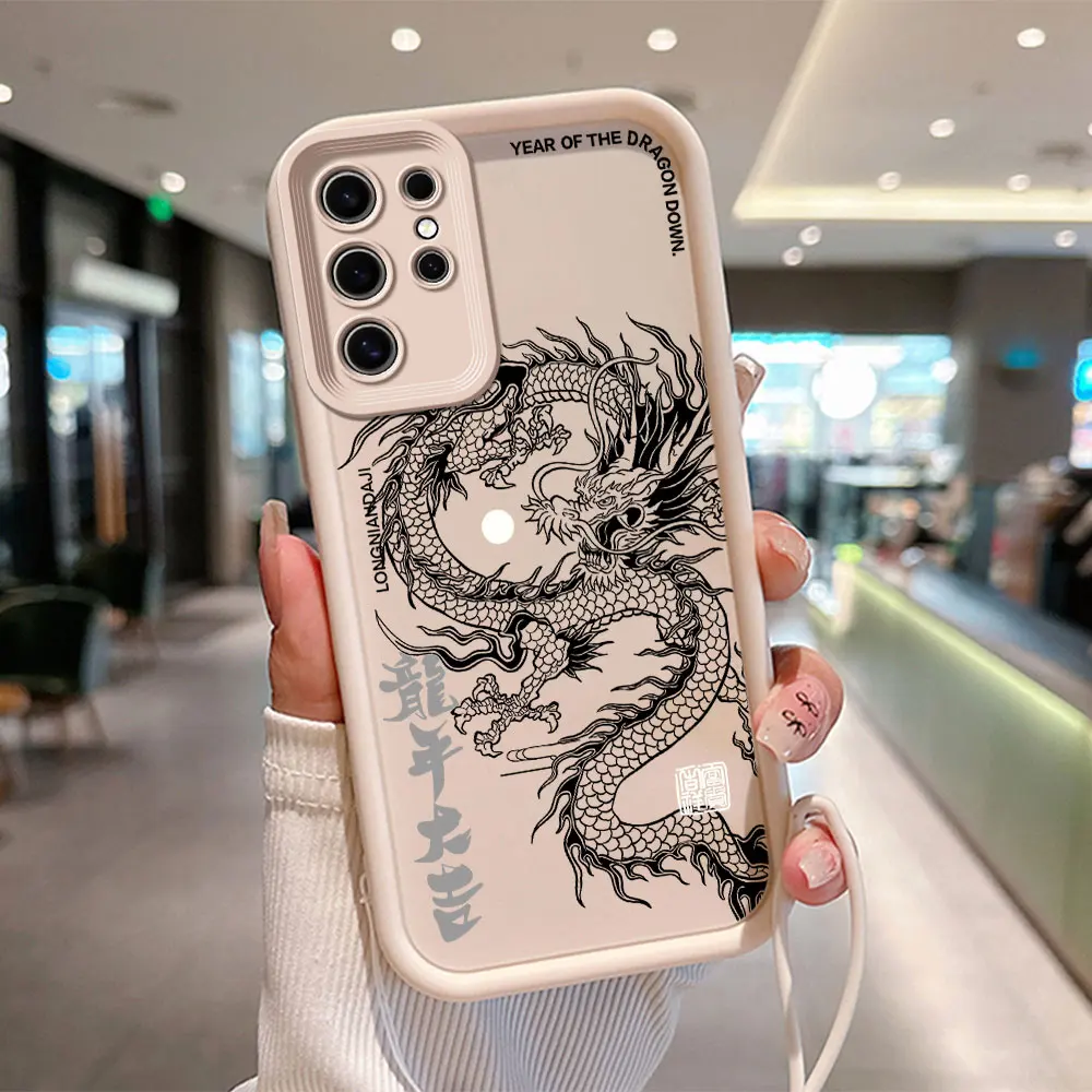 Black Chinese Hot Dragon Phone Case for OPPO A5 A7 A16 A17 A38 A53 A54 A55 A58 A72 A74 A76 A78 A94 4G 5G Cover With Hand Strap