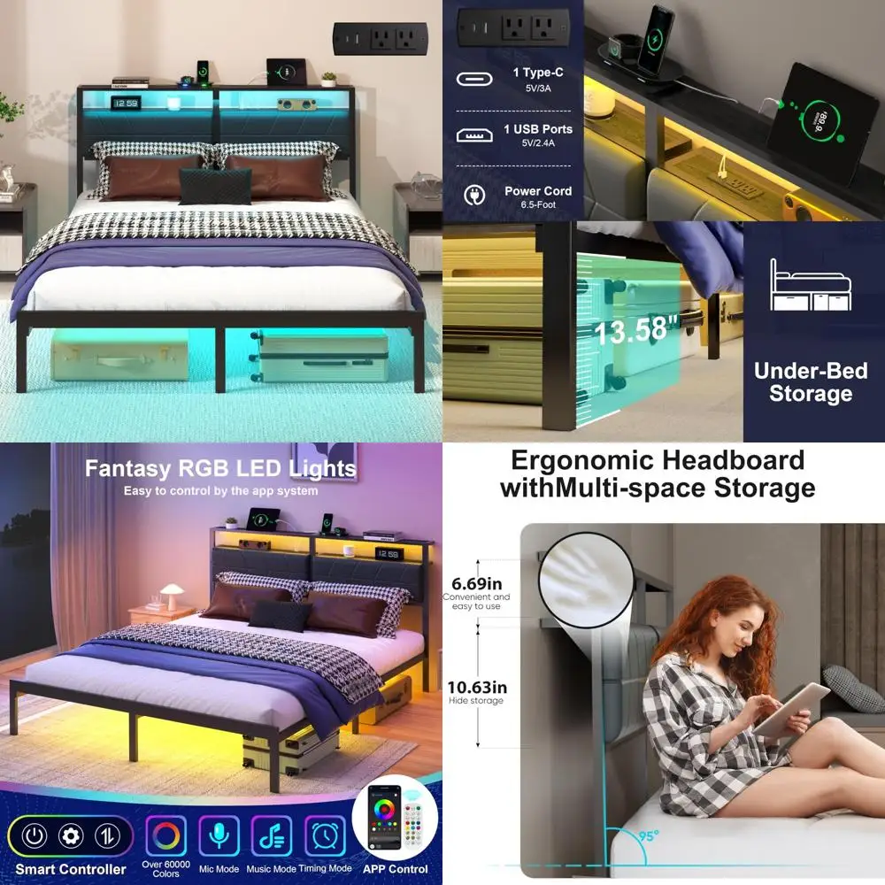 LED-Lit Metal Platform Bed Frame with Storage Headboard and Charging Station