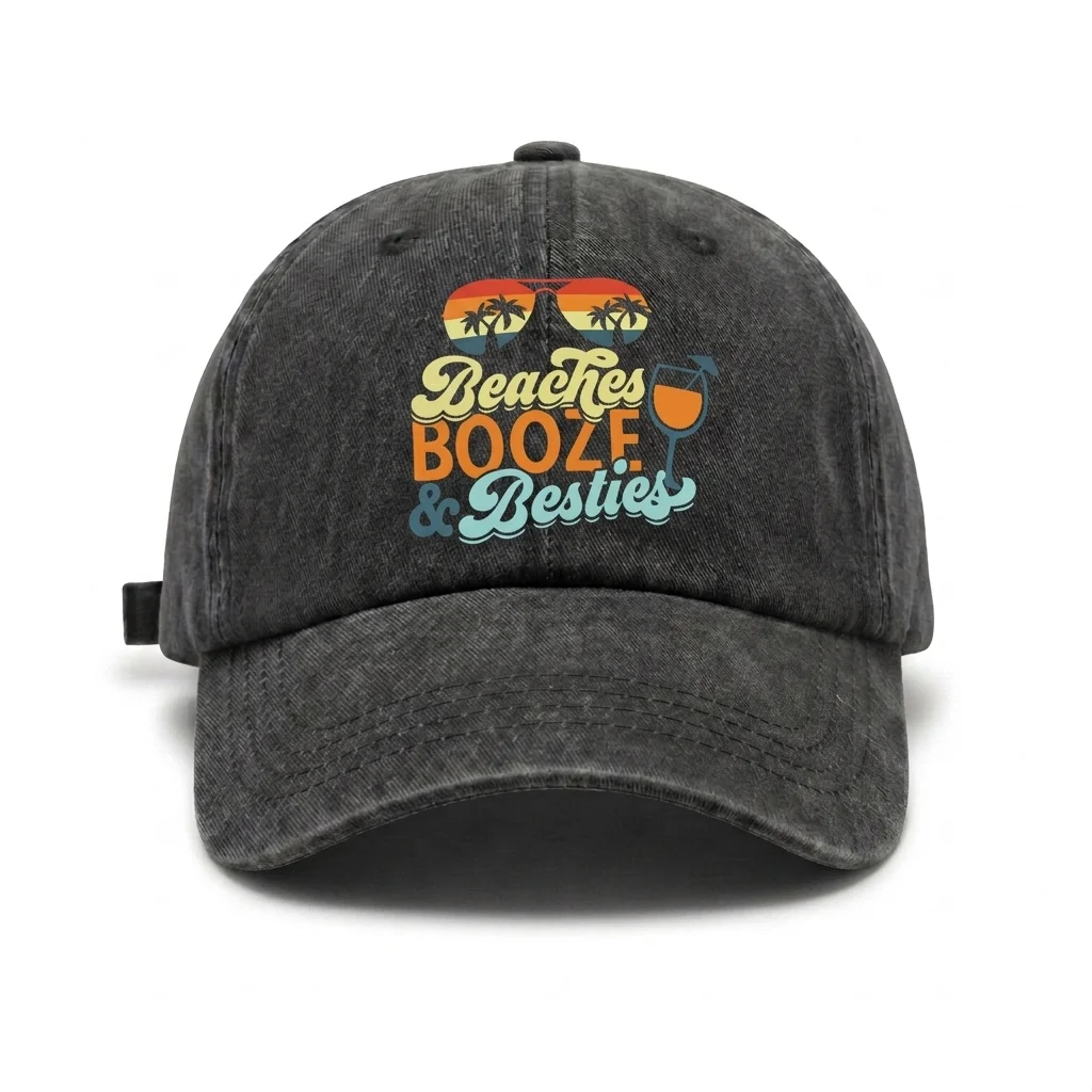 Vintage Washed Beaches Booze Besties Tropical Graphic Baseball Cap, Adjustable Unisex Dad Hat, Girls Trip Beach Gift