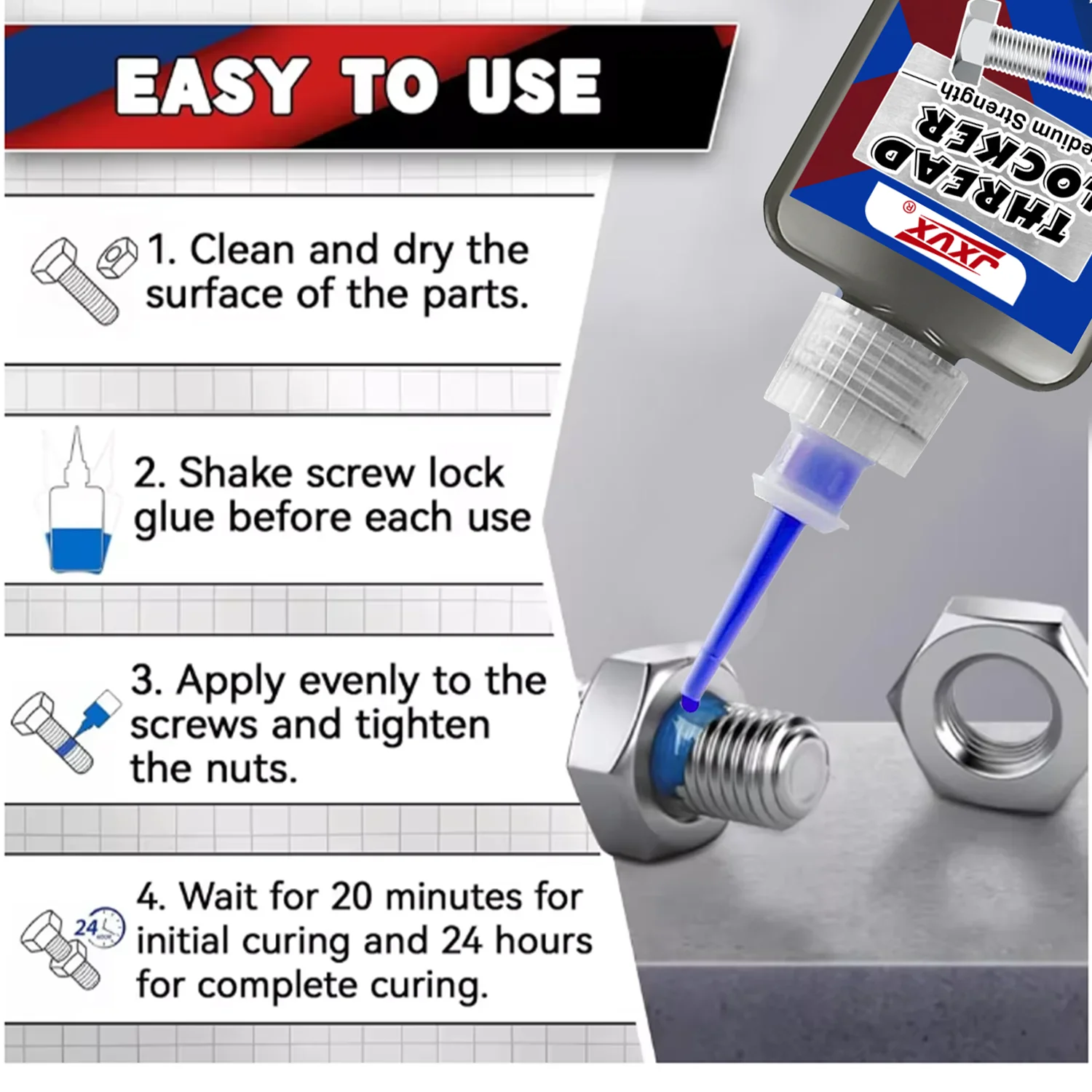 Quickly Cured Thread Locking Agent, Anaerobic Adhesive,Industrial Thread Sealant Replaces Washers Anti-Loosening, Anti-Slip, Rust-Proof,Oil-Resistant, Stable,Suitable for Nuts, Bolts, Fasteners, and Metal.