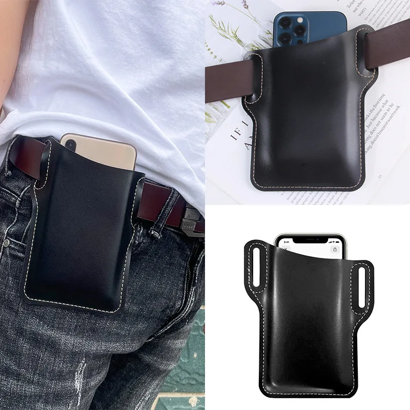 

Men's Leather Belt Phone Pouch Waist Bag, Men's Running Sports Outdoor Vertical Phone Bag for Construction Site