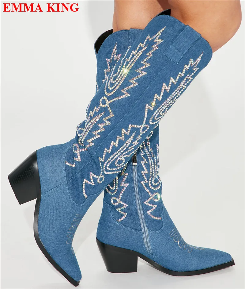 

Denim Rhinestone Embroider Cowboy Boots For Women Pointed Toe Chunky Heels Knee High Boots Women's Slip On Casual Shoes 2023