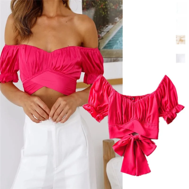 

Укороченный топ с открытыми плечами Bubble Sve Knot Bal Top Bone Exposure, укороченный топ с высокой талией, винтажная блузка