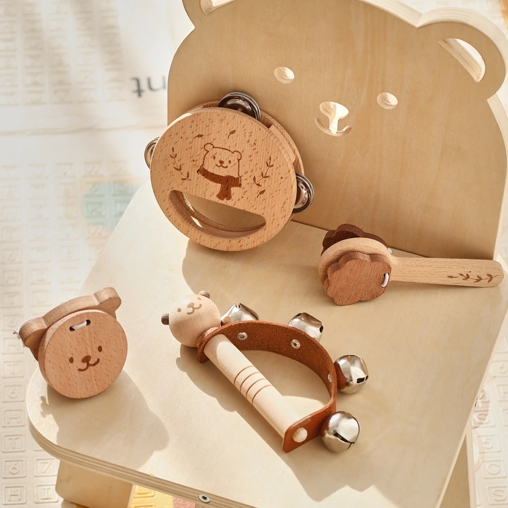 Sonajero de madera para bebé, campana musical de mano, instrumentos de madera, juguetes para bebé de 0 a 3 años, juguetes con sonido, sonajero musical de oso, juguetes para niños, 1 ud.