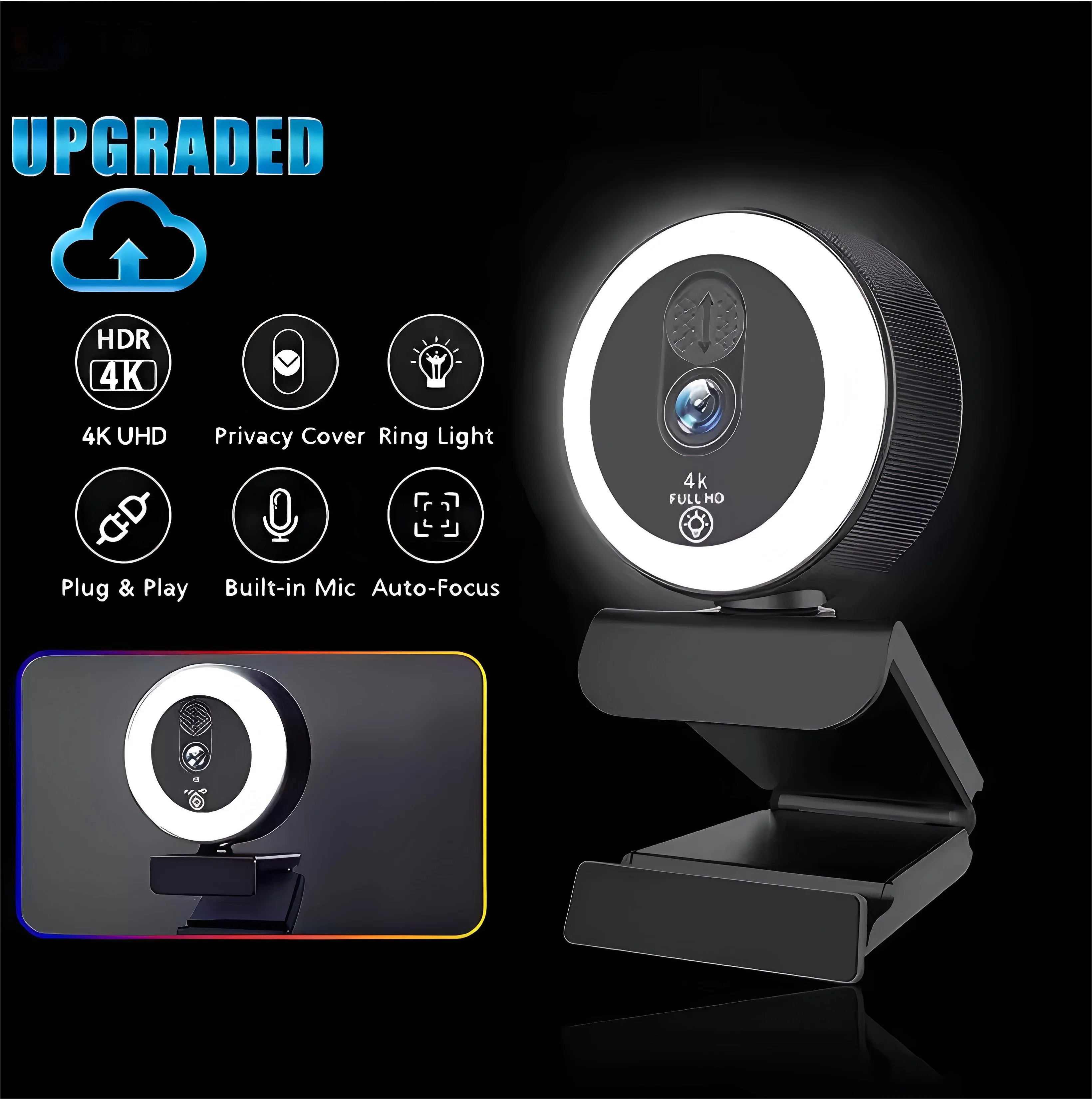 

EXHQDR Streaming PC Webcam w/ Ring Light 4K/2K/1080P Plug&Play HD Camera — Creative Christmas Gift, Conference Computer Webcam