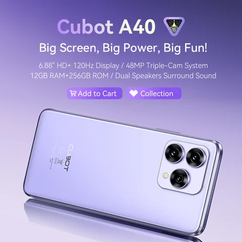 Cubot A40 스마트폰 안드로이드 15, 12GB RAM(4GB+8GB 확장 메모리), 256GB 저장공간, 6.88인치 120Hz 화면, 옥타코어, 48MP 카메라, 5100mAh 배터리, NFC, Face ID, 듀얼 SIM듀얼4G, Smartphone android