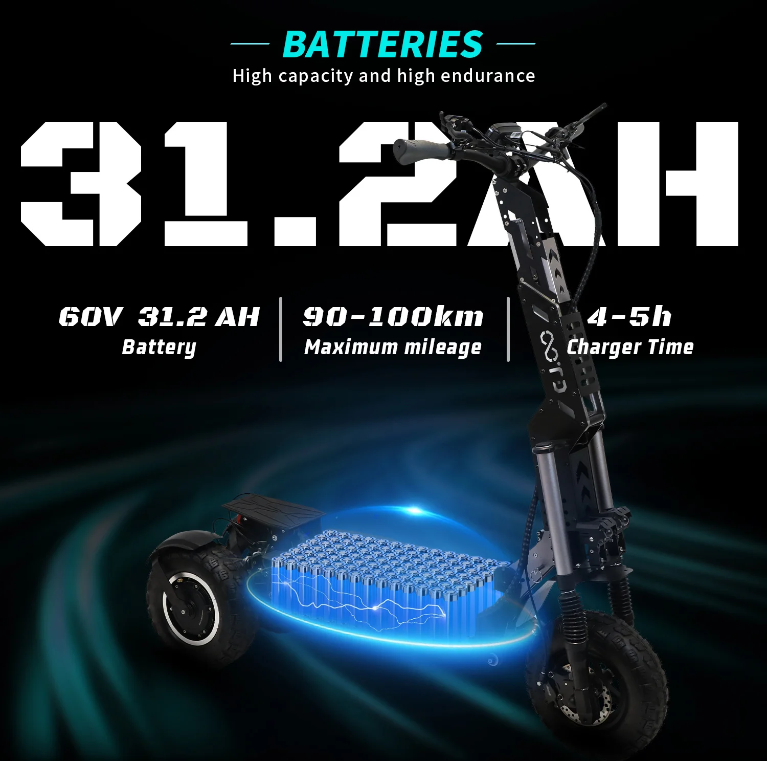 OOTD T30 3-Rad Klappbarer Elektroroller, 3200W Doppelmotor, 60V 31,2Ah Batterie, Höchstgeschwindigkeit 65 km/h, 90-100 km Reichweite, 13 Zoll Offroad-Reifen, Dreifache Hydraulische Scheibenbremse, NFC & Passwort-Entsperrung, Vollfederung, 200 kg Tragfähigkeit, Offroad-E-Scooter für Erwachsene – Detail 5