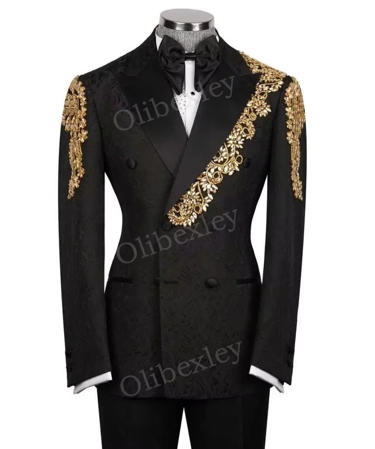 Luxury Men's Suits 2 Pieces Elegante Jacquard Double Breasted Slim Fit Tuxedos Wedding Groom Business Dinner Prom