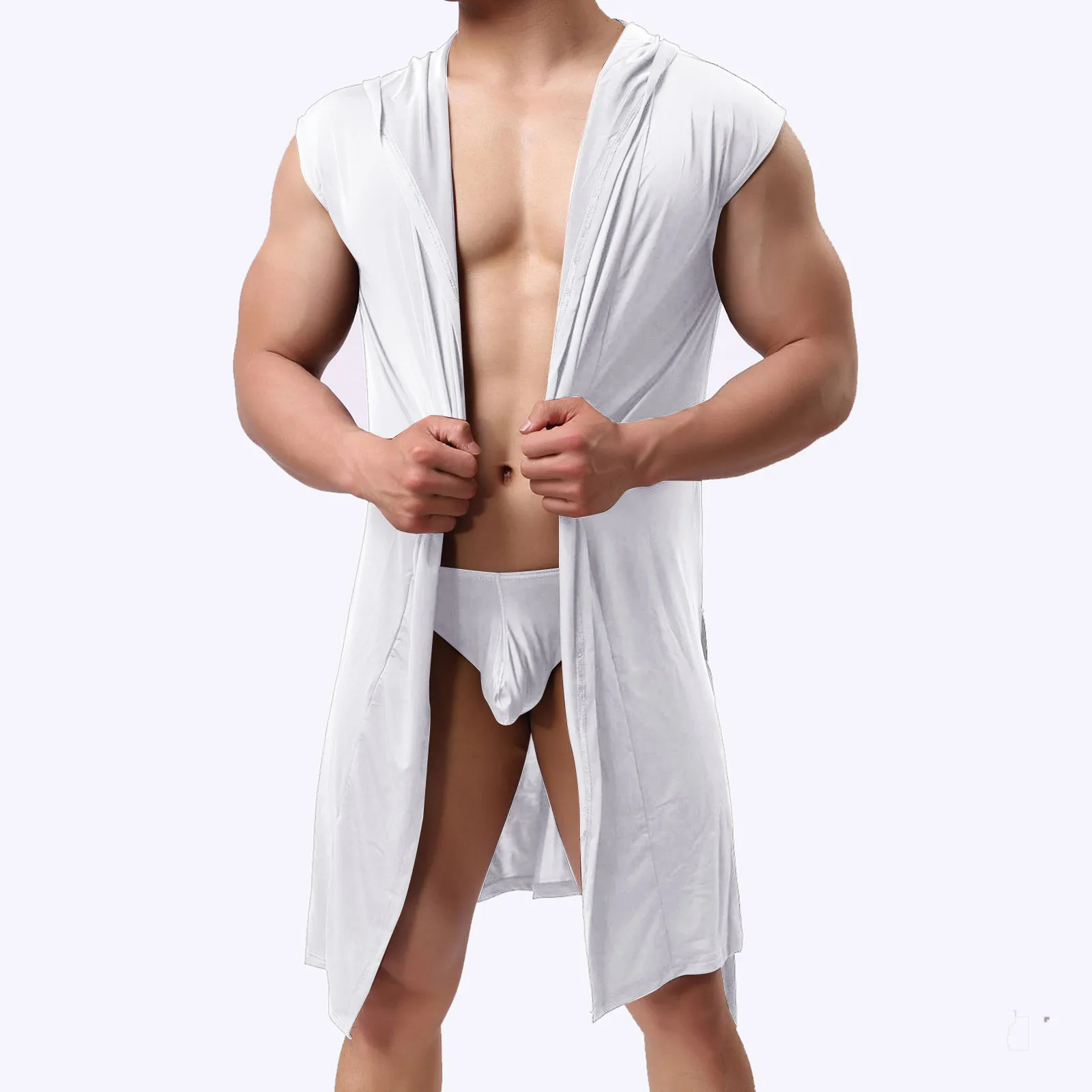 Men's Mid Long Belted Bathrobes Sleeveless Hooded Homewear Solid Sexy Thin Bath Robe Gown Comfortable Sleepwear Pajamas