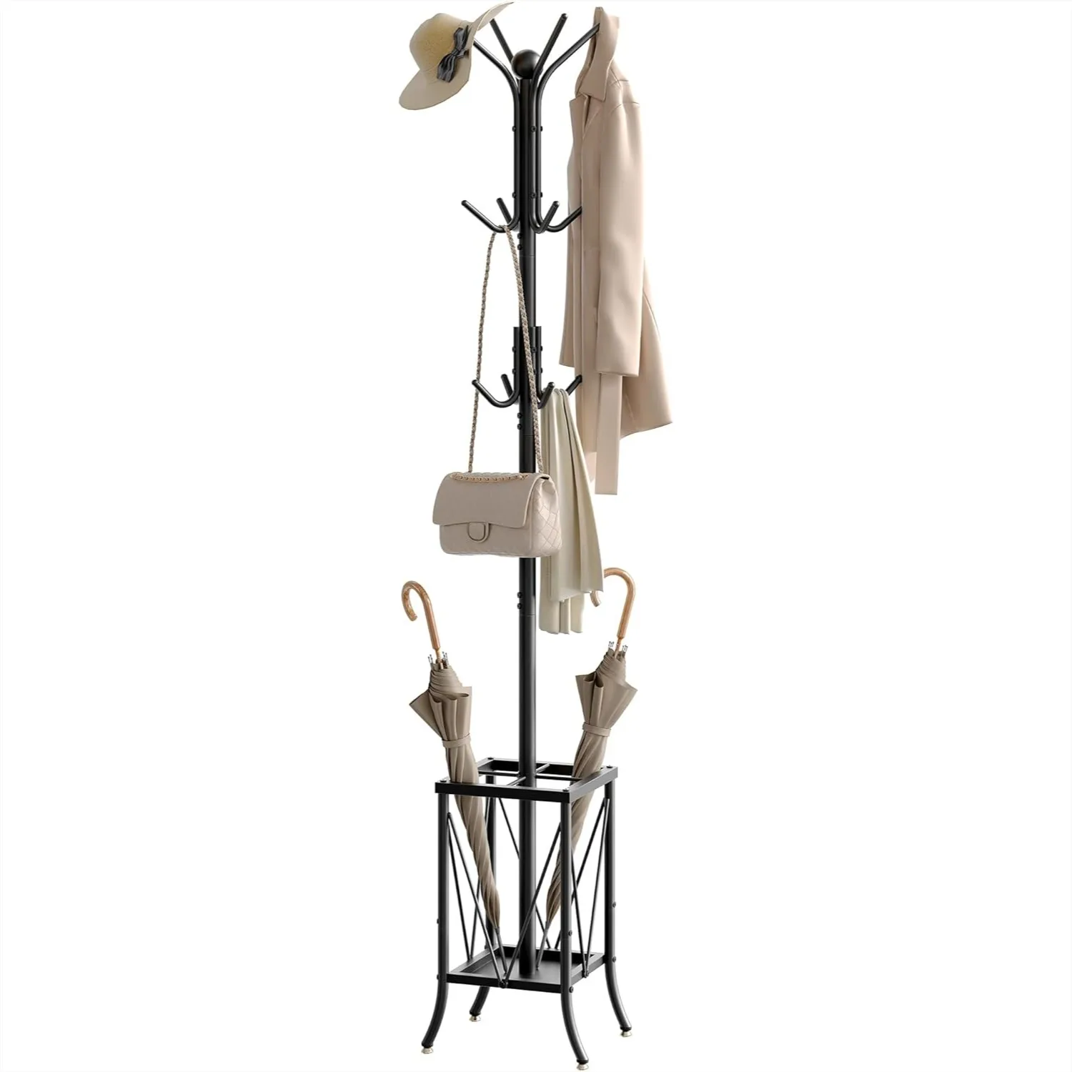 Freestanding Coat Rack with Umbrella Holder and 12 Hooks, Metal Hall Tree for Entryway, Hallway, Living Room, Bedroom, Office in