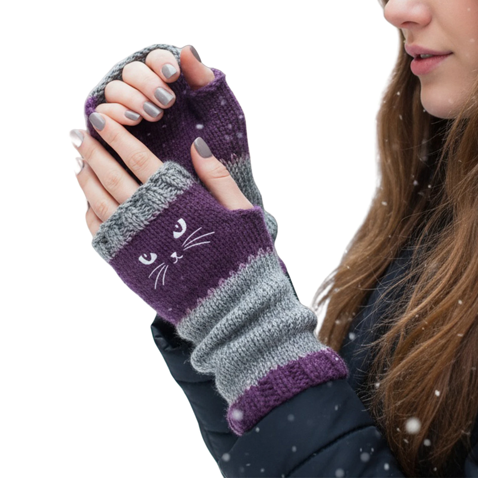 Womens Knit Fingerless Mittens Cute Cat Embroidery Splicing Kawaii Warm Gloves for Cold Weather Typing Working Driving