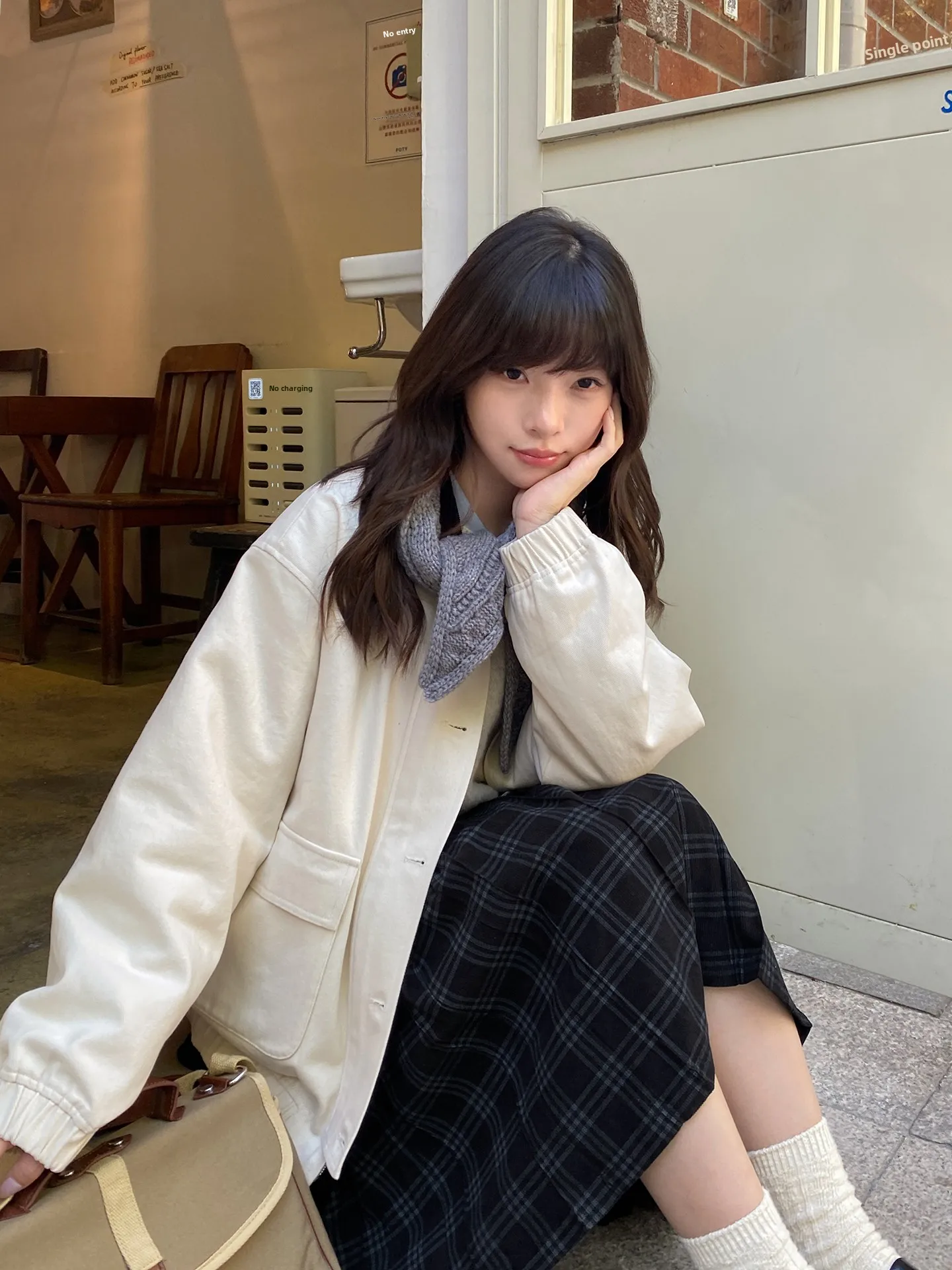 

Milk Rabbit Pl Collared Workwear Jaet Women's Autumn Cotton Blend Casual Sle Zipper Closure ort Coat with Patch ket