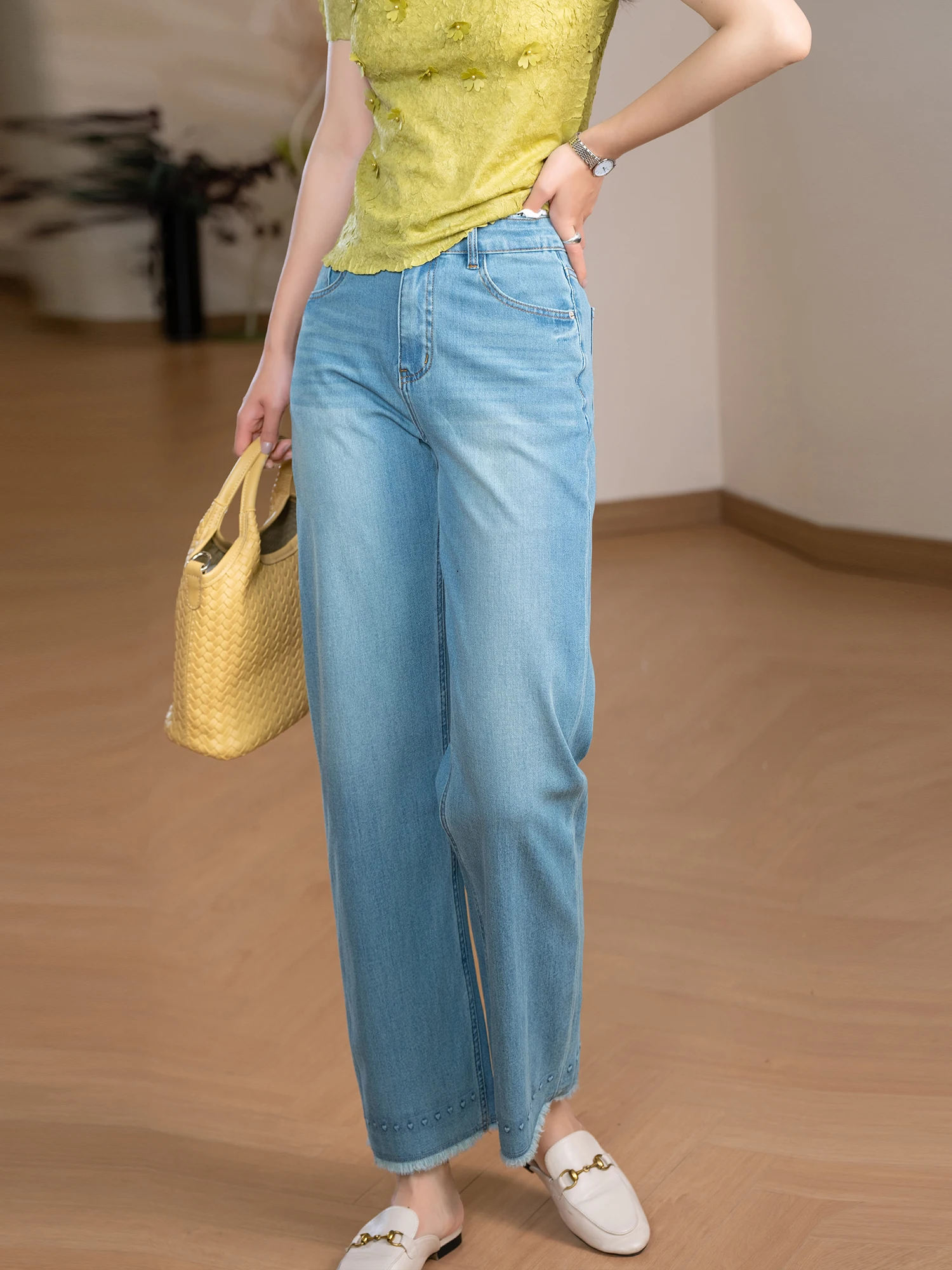 

Women's Straight Leg Jeans Cotton Lyocell Frill Heart Trim Elastic Waist Casual Breathable Spring Fashion Elegant Style