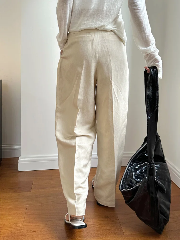 2024 Summer Women Korean Fashion Wide Leg Linen Pants Cool Breathable Streetwear Ladies High Waist Loose Trousers Beige/Blue