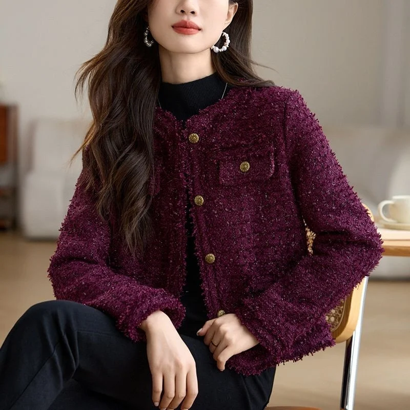 Casual Tweed Elegant Jackets Women Korean Fashion O-neck Long Sleeve Short Coats Sweet Jackets New Female Outerwear Chic Tops