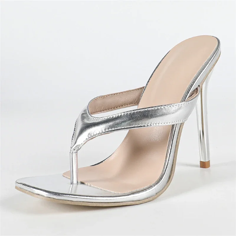Sendal Jepit Wanita Aneikeh Silver Fashion, Hak Tipis, Payet, Model Selop, Ujung Persegi, Sepatu Musim Panas, Zapatos De Mujer