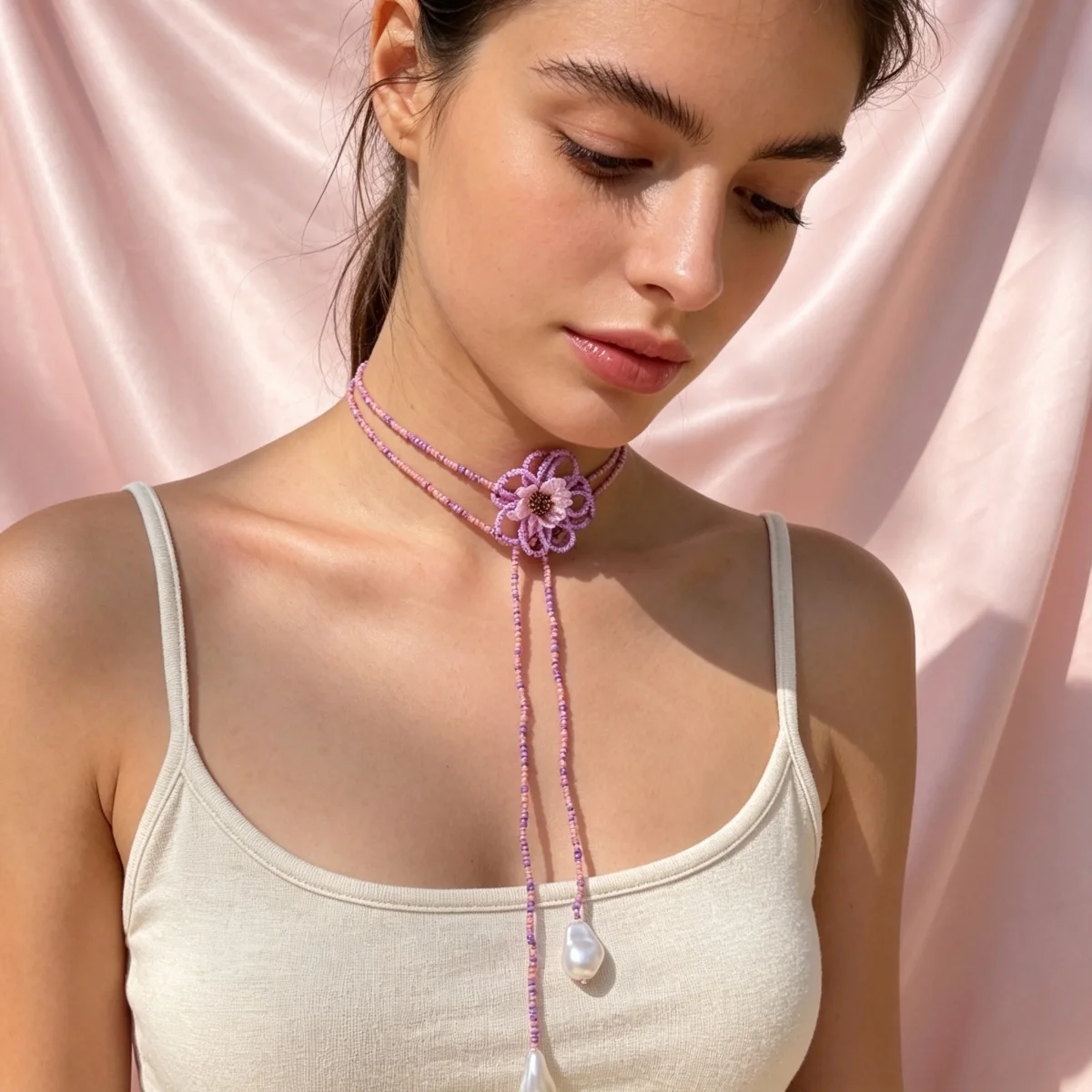 Böhmische handgefertigte Halskette mit gewebten Reisperlen und Blumenmuster für Damen, barocke Kunstperlen-Quastenkette, lange Pulloverkette, Schmuckstück – Detail 15