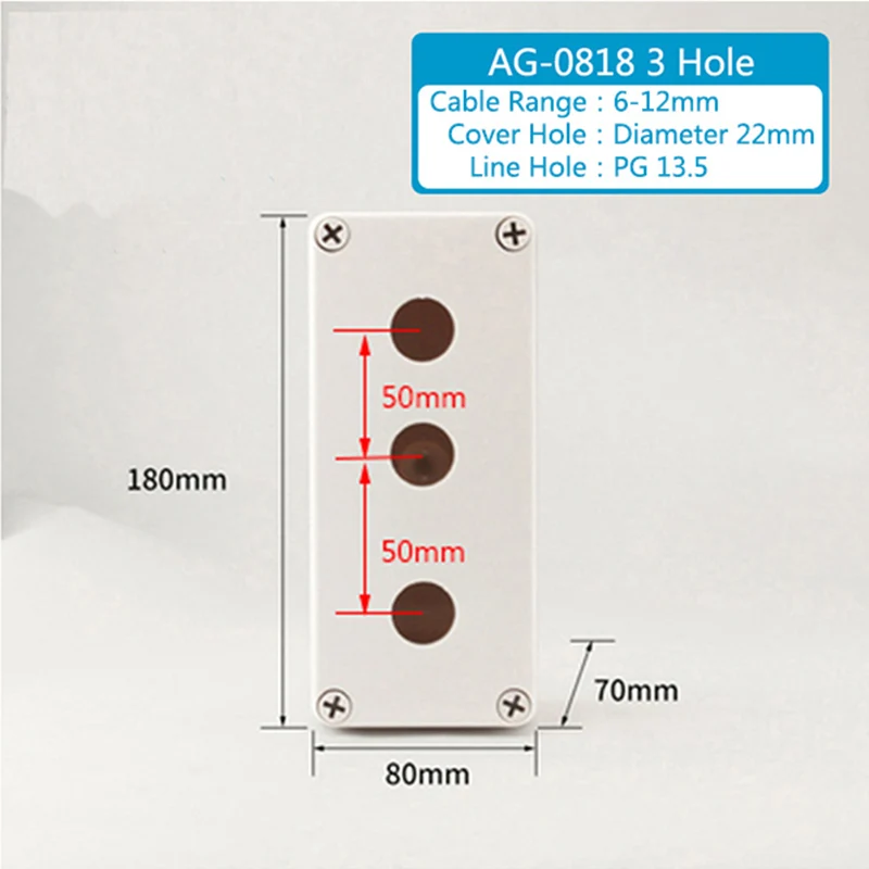 

AG series 3-hole button box, model number AG-0818, dimensions 80x180x70mm