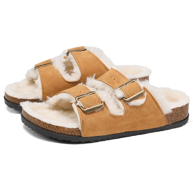 Winter Men Women Indoor Plush Slippers With Fur Cork Sandals Double Buckle Warm Home Barefoot Shoes Clogs Comfort Footbed