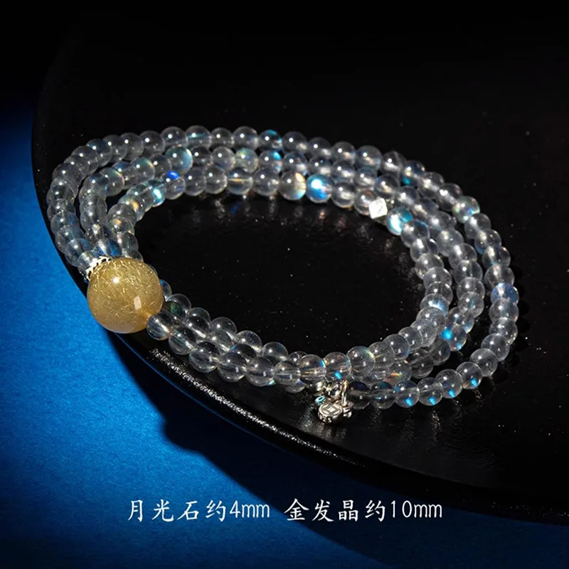 

Golden Rutilated Quartz Gray Moonstone Aquamarine Blue Light Women Three Circle Bracelet