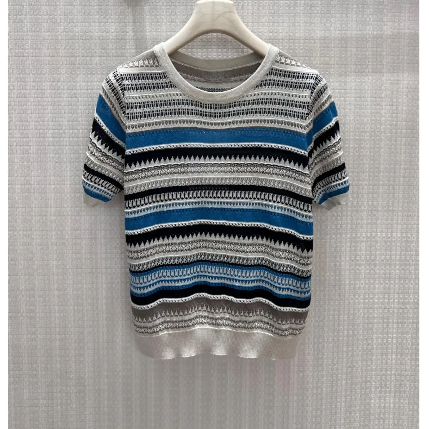 Women's Summer New Casual Blue Black Color Block Striped Short Sleeve Pullover Knitwear Top