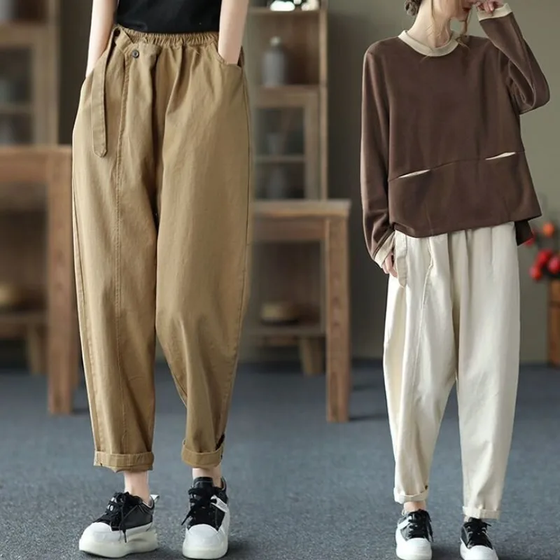 

Женские повседневные брюки из чистого хлопка в стиле ретро, весна-лето 2026, новинка, большие размеры, укороченные, свободные, зауженные, фасон «харлан»